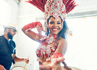 Image showing Samba, music and dance with woman at carnival for celebration, party and festival in Rio de Janeiro. Summer break, show and creative with brazil girl for performance, holiday and culture event