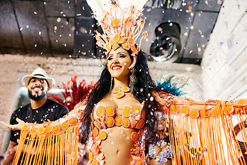 Image showing Samba, music and dance with woman at carnival for celebration, party and festival in Rio de Janeiro. Confetti, show and creative with brazil girl for performance, new year and culture event