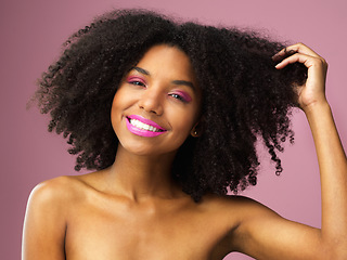 Image showing Face, hair care and smile of black woman with afro in studio isolated on pink background with eyeshadow. Hairstyle portrait, lipstick makeup or African female model with salon treatment for cosmetics