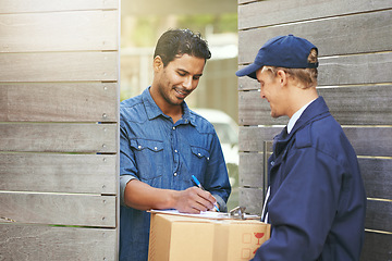 Image showing Logistics, customer sign off package from delivery man and crm outdoors at the gate. Ecommerce or courier service, online shopping or product and shipment or exchange between people with signature