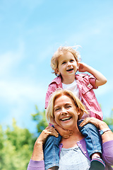 Image showing Happy, playful and piggyback with grandmother and grandson for bonding, fun and affectionate. Free time, weekend and generations with old woman and young boy for family, laughing and happiness