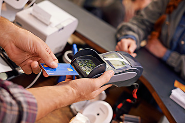 Image showing Credit card, shopping and customer at a cafe or cashier hands or debit machine and over the counter sale. Payment, device view and cashless method for bills or store keeper in commercial place or pos