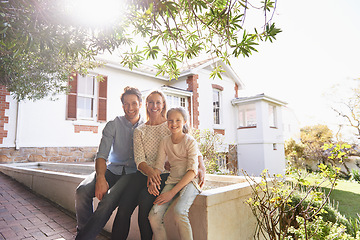 Image showing Portrait, home and family outdoor, smile and bonding with quality time, homeowner and cheerful. Face, mother or father with female child, house and daughter outside, sunshine and real estate property