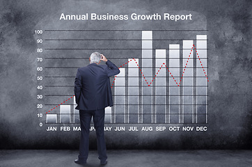 Image showing Back, business and man with graph, finance and profit growth against a chalkboard, thinking and stress. Mature male employee, accountant and investor with a chart, year and track progress for income