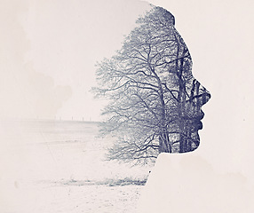 Image showing Woman, face and tree with double exposure and nature, creativity and environment with mockup space. Art abstract, female person profile and overlay, illustration and reflection with sustainability