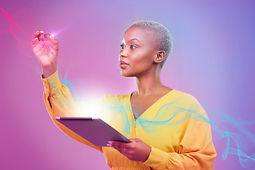 Image showing Tablet, hologram and overlay with a black woman in studio on a neon background for an ai icon on a dashboard. Futuristic, digital and ai with a person using a holographic or 3d virtual user interface