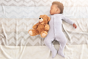 Image showing Top view, teddy bear and baby sleeping in bedroom for rest, nap time and dreaming in nursery. Childcare, newborn and cute, tired and African child with toy in bed for comfort, relax and calm at home