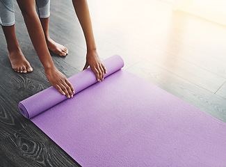 Image showing Hands, yoga mat and roll on floor for exercise, meditation or spiritual training in home, gym or living room. Woman, workout mockup or pilates class for balance, fitness or mind and body wellness