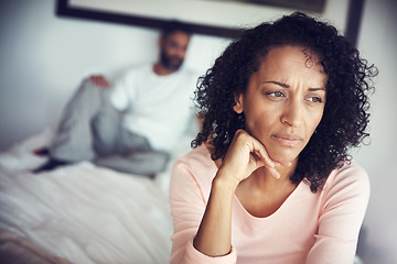 Image showing Angry, sad and couple in bedroom for problem, divorce decision and marriage fail or mental health risk. Depression, fight and african woman thinking with partner at home depressed, anxiety or stress