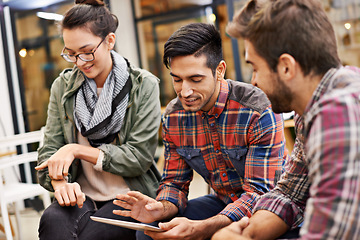 Image showing Tablet, people in a meeting at cafe or coffee shop with tablet and talking about startup ideas. Teamwork or collaboration, technology and students or friends together in discussion about project