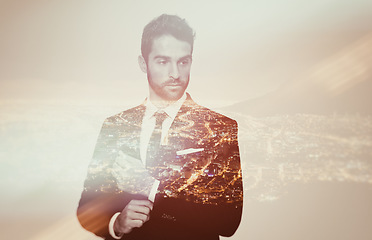 Image showing Business man, city at night and double exposure, think with professional mindset and abstract. Urban overlay with cityscape, corporate male person and career, mockup space with ambition and confident