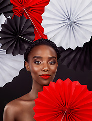 Image showing Portrait, beauty and black woman with origami fans, cosmetics and artistic girl against black background. Face, female person or model with paper art, creativity or skincare with design and confident