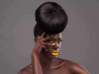 Image showing Art, aesthetic and portrait of black woman in studio for makeup or cosmetic product promo with mockup. Fashion, yellow lipstick and beauty model on grey background, creative cosmetic tips in Africa.