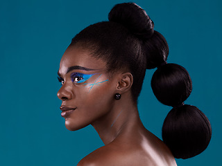 Image showing Thinking, hair and makeup with a model black woman in studio on a blue background for beauty. Idea, haircare and cosmetics with an attractive young female person at the salon for fashion or styling