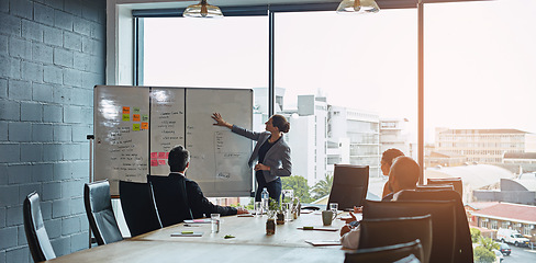 Image showing Meeting, presentation and whiteboard with a business woman in the boardroom for planning or strategy. Collaboration, flare or report in an office with people around a table during a training workshop