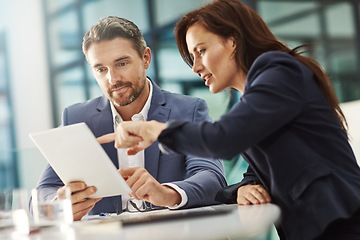 Image showing Collaboration, tablet and planning with a business team in the office for research on a company project. Teamwork, technology and brainstorming with corporate people talking about strategy at work