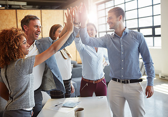 Image showing High five, motivation and business people in a meeting with support, success or team building. Happy, mission and corporate employees in celebration of an achievement with a gesture in office