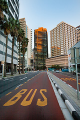 Image showing Path, road and lane for bus in city for direction, priority and public transportation. Commute, safety and asphalt with road planning for transit and urban infrastructure, landscape and architecture