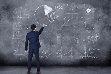 Image showing Professional person, finance and graph on board to think about numbers growth for investment for plan and strategy. Businessman, writing and accounting with black background for project management.