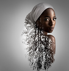 Image showing Natural, beauty and portrait of black woman in studio for double exposure, mockup and cosmetics. Abstract, art and overlay with face of female model isolated on gray background for nature and trees