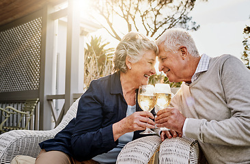 Image showing Love, cheers and wine, old couple celebrate romance or anniversary on patio of vacation home. Happiness, senior man and woman touching heads with champagne toast, smile and romantic date on holiday.