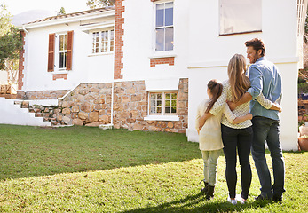 Image showing New house, love or happy family hug for real estate, property or dream home purchase, sale or investment. Mortgage, people moving or back of outdoor parents, child or homeowner embrace for relocation