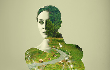 Image showing Woman, thinking and double exposure with nature, grass or ideas for adventure, sustainability or outdoor. Girl, brainstorming and vision with holographic overlay of forrest, woods or field for future