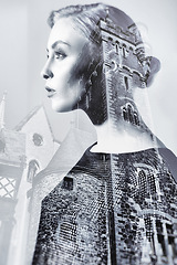 Image showing Woman, building and double exposure with black and white effect for city art deco. Creative, architecture and church overlay on young female model with urban buildings design for monochrome and idea