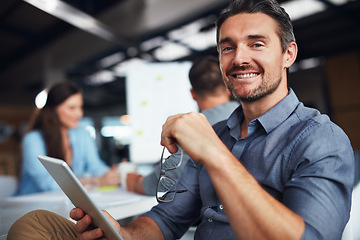 Image showing Portrait, man and tablet in office meeting with coworkers, colleagues and boardroom management. Mature businessman, happy and startup business with modern technology, workplace and leadership