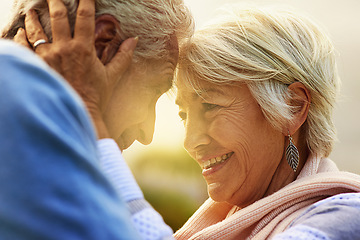 Image showing Love, forehead and senior couple outdoor, relationship and romance with happiness, retirement and bonding. Partners, mature man and old woman in a park, hug and retired with marriage and anniversary