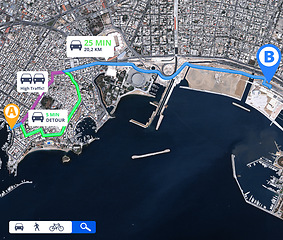 Image showing Satellite map, direction and location with travel information and navigation guide with route for trip. Technology, app and aerial view with journey info, transportation destination pin and landmark