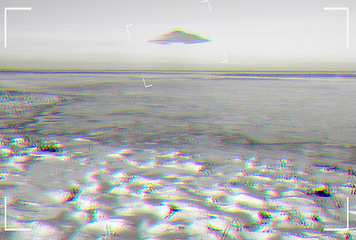 Image showing UFO, alien and viewfinder on a camera screen with a spaceship in the sky over area 51. Camcorder, spacecraft and conspiracy theory with a flying saucer on a display to record a sighting of aliens