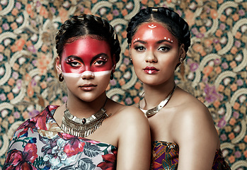 Image showing Art, culture and portrait of women with makeup for tradition on a studio background or wall. Fashion, celebration and friends or family with creative, traditional and artistic cosmetics together