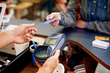 Image showing Man hands, customer and credit card at a coffee shop for payment machine at restaurant. Business person, debit and scan to pay and buy at a cafe and diner with male store assistant and barista