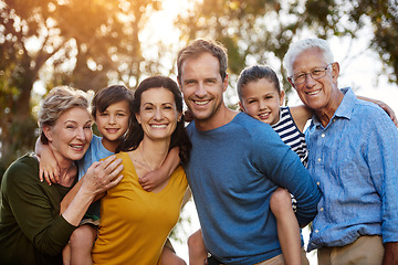 Image showing Portrait, outdoor and family with love, smile and bonding with fun, caring and happiness together. Face, happy grandparents and mother with father, children and kids in nature, playful and loving