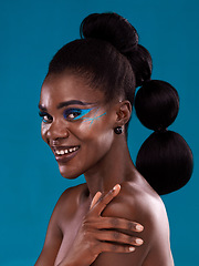 Image showing Portrait, happy and makeup with a model black woman in studio on a blue background for hair or cosmetics. Face, smile and fashion with an attractive young female person posing for cosmetic beauty