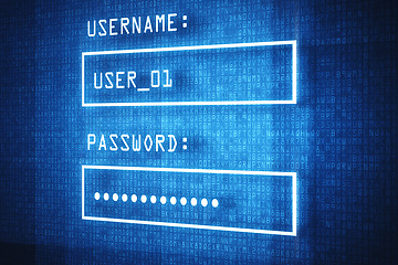 Image showing Cybersecurity, password or login information on a screen for access to an online technology database. Computer, safe or secure and user interface with autofill saved data in a bar for cloud computing