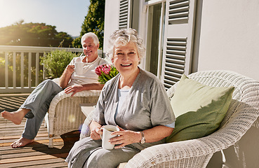 Image showing Happy, patio and portrait of senior couple with coffee enjoying bonding, quality time and relax in morning. Love, retirement and elderly man and woman smile with drink for breakfast outdoors at home