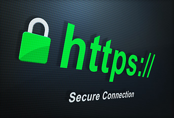 Image showing Closeup, https and secure connection for a website, internet search and screen with browser address. Url, engine and protection for online reading, information and monitor with a domain or web design