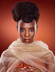 Image showing Portrait, fashion and black woman with beauty, stylish and confident lady against a red studio background. Face, female person and model with glamour, glow and elegant with trendy, style and culture