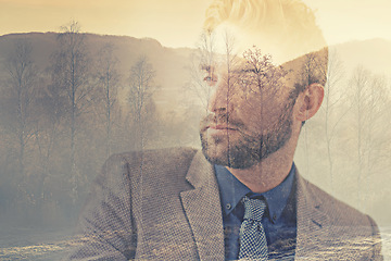 Image showing Business man, double exposure and trees for thinking, mindset or vision for development in environment. Sustainability, ecology and woods with businessman, focus and ideas with creative art overlay