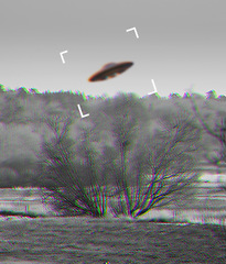 Image showing UFO, alien and camcorder on a camera screen to record a flying saucer in the sky over area 51. Viewfinder, motion blur and conspiracy with a spaceship on a recording device display outdoor in nature