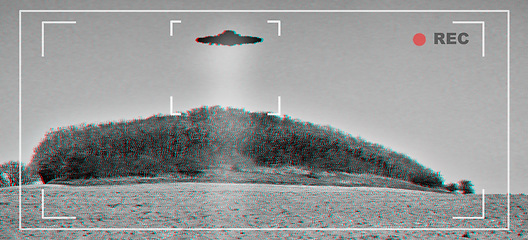 Image showing UFO, alien and viewfinder on a camera screen to record a flying saucer in the sky over area 51. Camcorder, sighting and conspiracy with a spaceship on a recording device display outdoor in nature