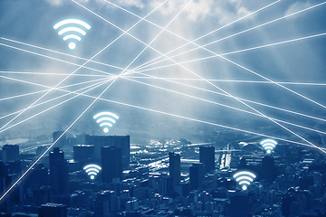 Image showing City, connection and network with signal, symbol and communication with information technology, future and website. Town, buildings and connect with data, digital and futuristic with innovation