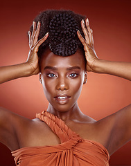 Image showing Portrait, fashion and black woman with beauty, hair style and confident girl against a red studio background. Face, female person and model with glamour, stylish outfit and wellness with culture