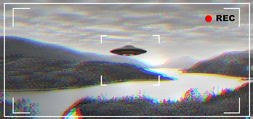 Image showing UFO, alien and camcorder viewfinder with a spaceship flying in the sky over area 51 for an invasion. Camera, spacecraft and conspiracy theory with a saucer on a display to record a sighting of aliens