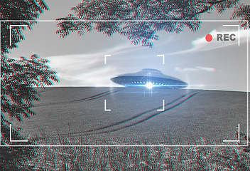 Image showing UFO, alien and camera viewfinder with a spaceship flying in the sky over area 51 for an invasion. Camcorder, spacecraft and conspiracy theory with a saucer on a display to record a sighting of aliens