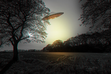 Image showing Ufo, forest and spaceship with nature, alien and futuristic with fantasy and travel. Saucer, extraterrestrial and vessel flying over woods, trees or earth with science fiction and invasion