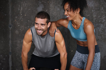 Image showing Fitness, happy and couple rest in city after workout, body builder training and exercise outdoors. Sports, relationship and man and woman laughing after running for endurance, wellness and health