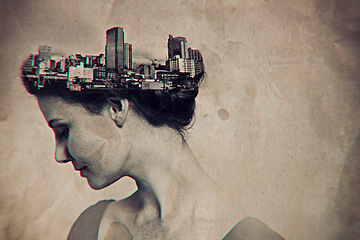 Image showing Art, double exposure and woman with city head or New York creativity in mockup space and urban town on a lady. Society, vintage and young female person in a retro design or buildings background